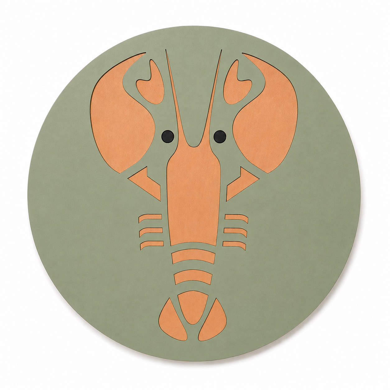 Assise en bois et linoléum motif homard rouge sur fond vert sauge. Produit fabriqué par Hey Ben !, atelier d'ébénisterie à Loix sur l'île de ré
