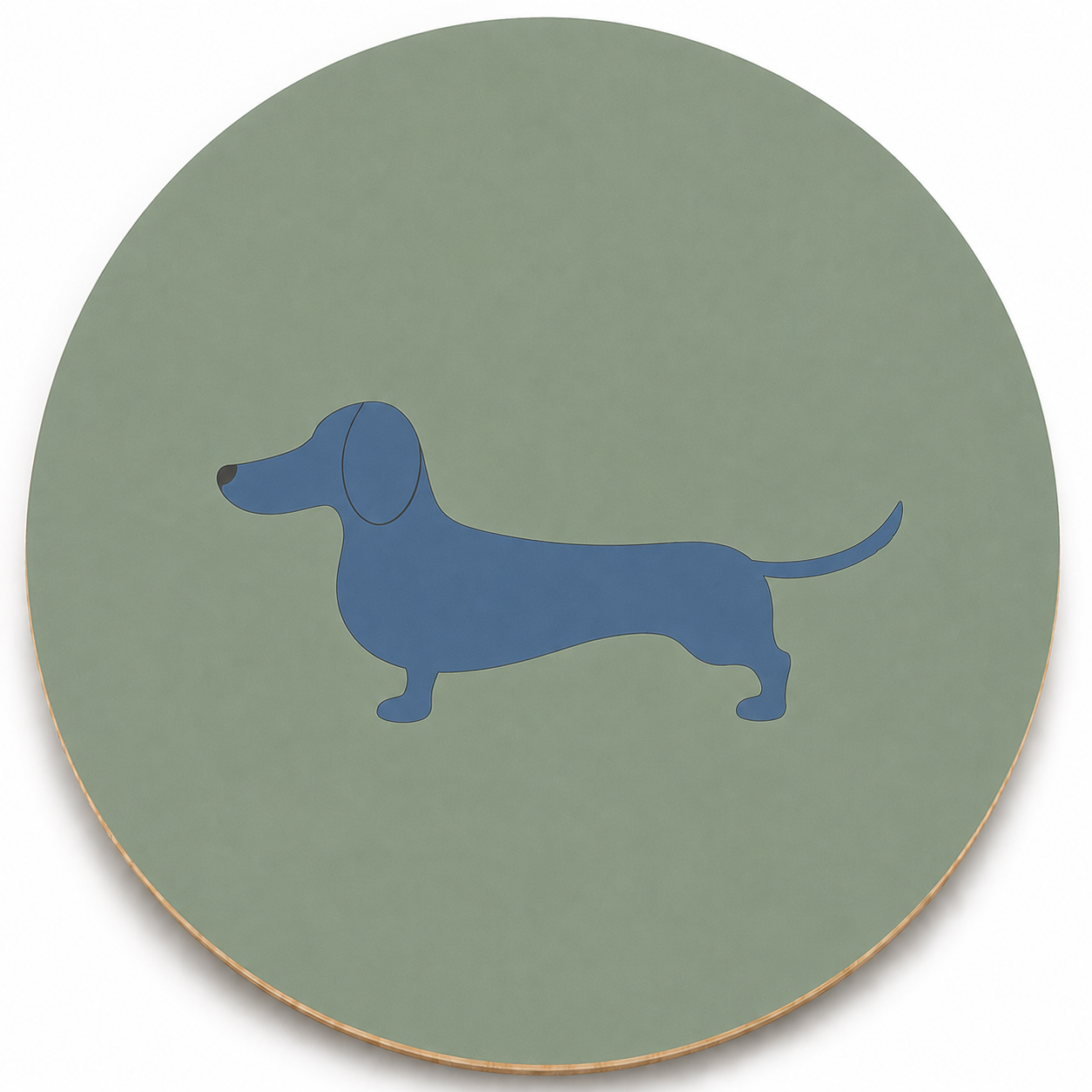 Assise en contreplaqué bouleau et linoléum motif teckel bleu  sur fond vert sauge. Produit fabriqué par Hey Ben !, atelier d'ébénisterie à Loix sur l'île de ré fondé par Benoît Maltier