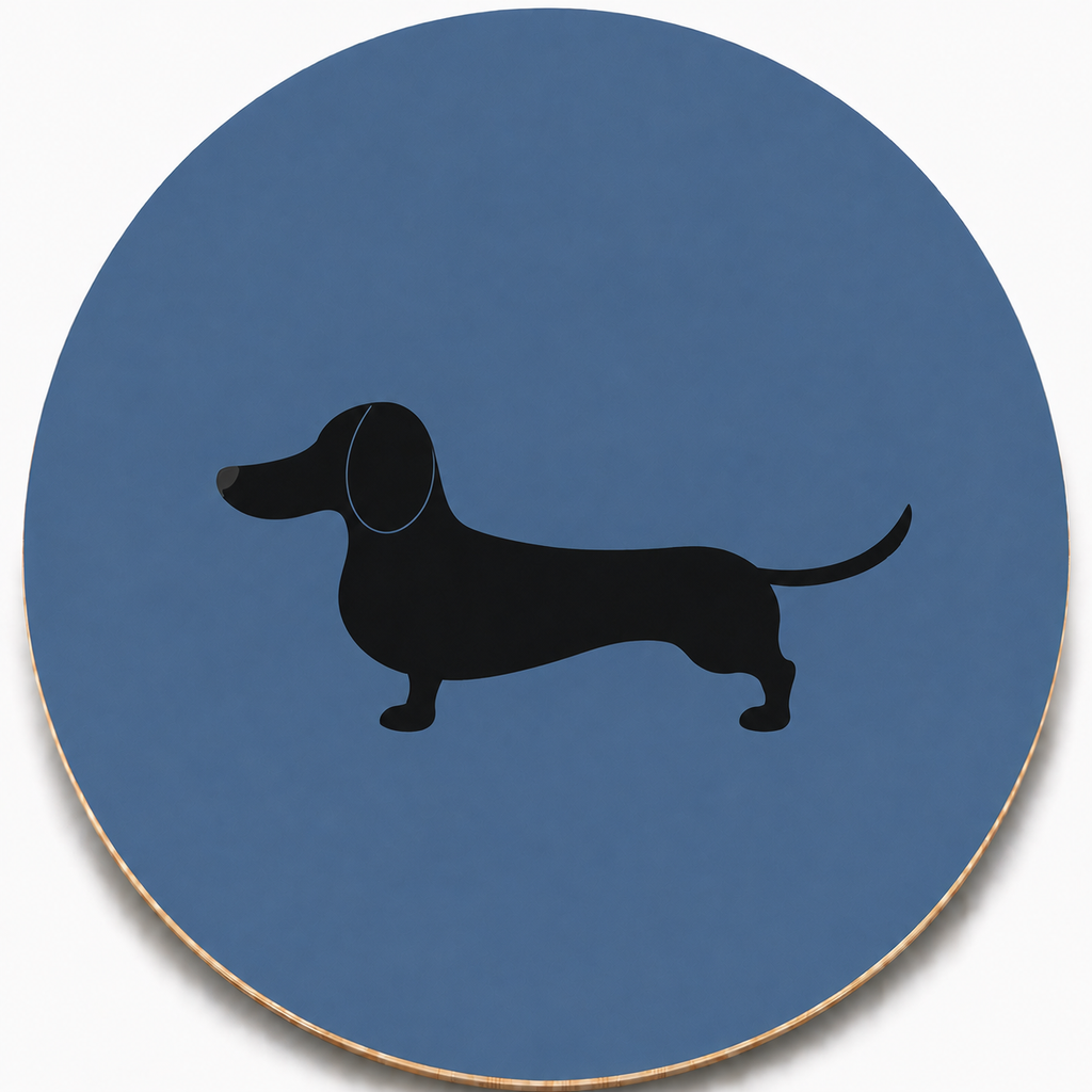 Assise en contreplaqué bouleau et linoléum motif teckel noir  sur fond bleu. Produit fabriqué par Hey Ben !, atelier d'ébénisterie à Loix sur l'île de ré fondé par Benoît Maltier
