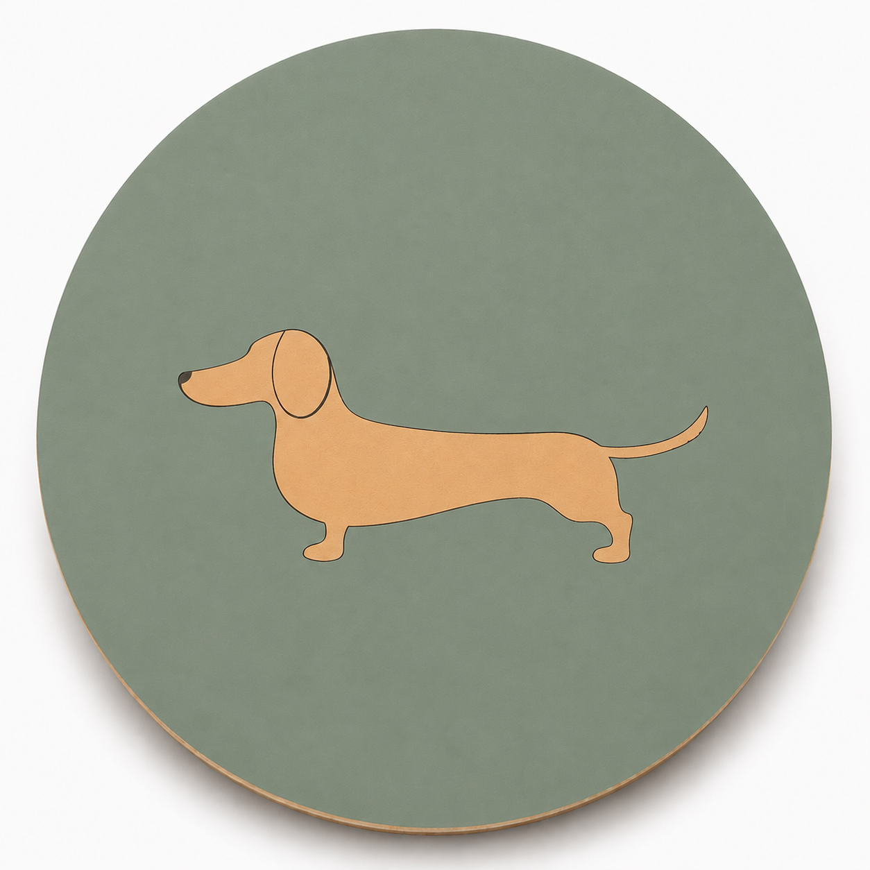 Assise en contreplaqué bouleau et linoléum motif teckel beige  sur fond vert sauge. Produit fabriqué par Hey Ben !, atelier d'ébénisterie à Loix sur l'île de ré fondé par Benoît Maltier