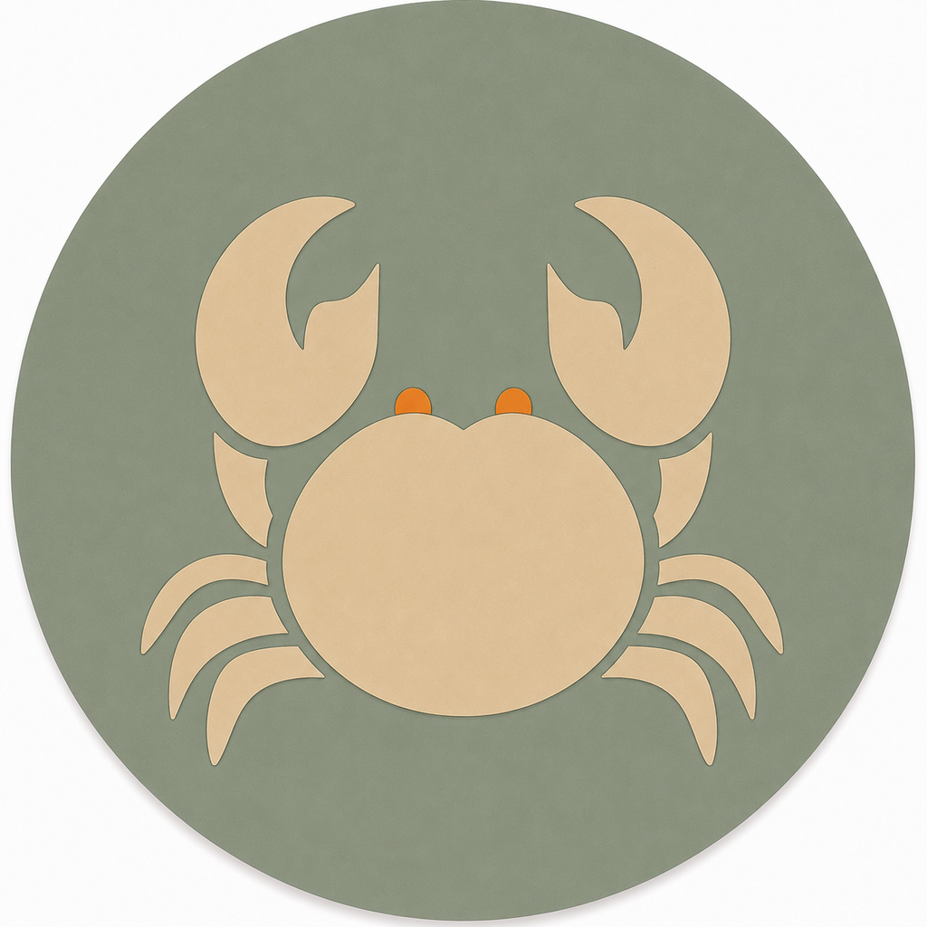 Assise en contreplaqué bouleau et linoléum motif crabe beige sur fond vert sauge. Produit fabriqué par Hey Ben !, atelier d'ébénisterie à Loix sur l'île de ré fondé par Benoît Maltier