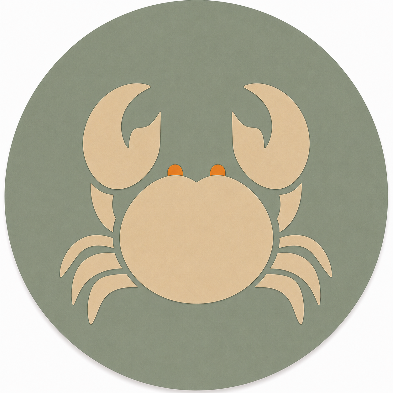 Assise en contreplaqué bouleau et linoléum motif crabe beige sur fond vert sauge. Produit fabriqué par Hey Ben !, atelier d'ébénisterie à Loix sur l'île de ré fondé par Benoît Maltier