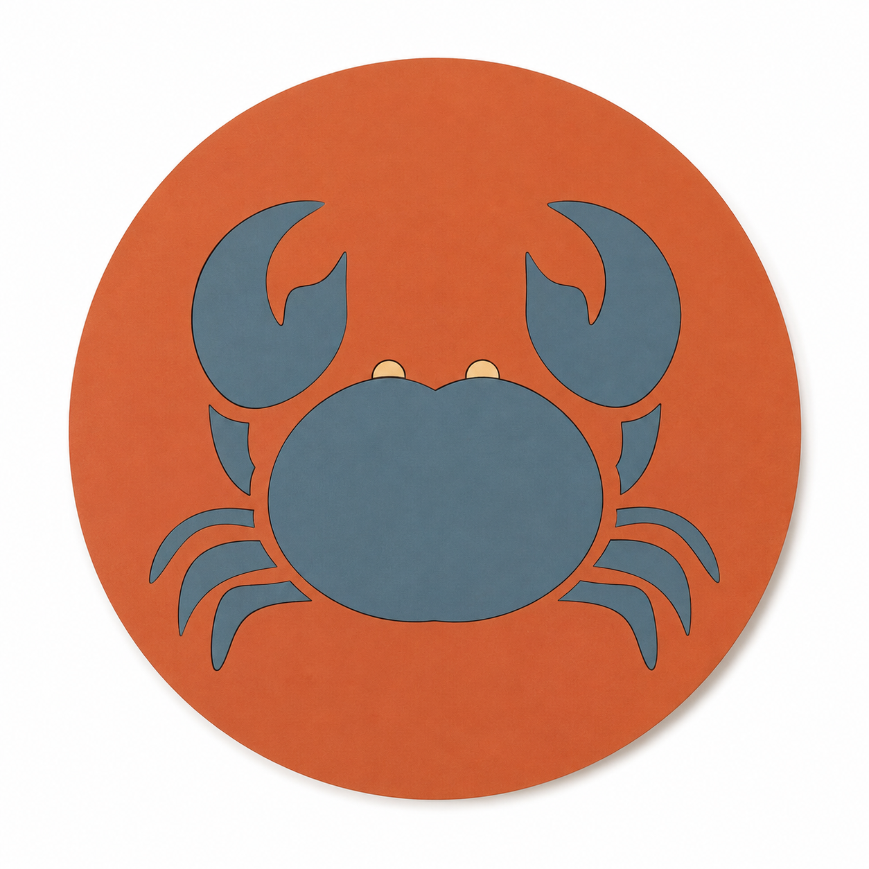 Assise en contreplaqué bouleau et linoléum motif crabe bleu sur fond rouge terracotta. Produit fabriqué par Hey Ben !, atelier d'ébénisterie à Loix sur l'île de ré