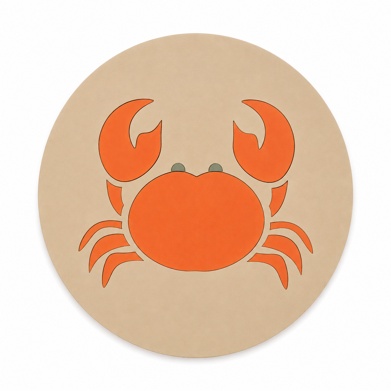 Assise en contreplaqué bouleau et linoléum motif crabe rouge sur fond beige.. Produit fabriqué par Hey Ben !, atelier d'ébénisterie à Loix sur l'île de ré fondé par Benoît Maltier
