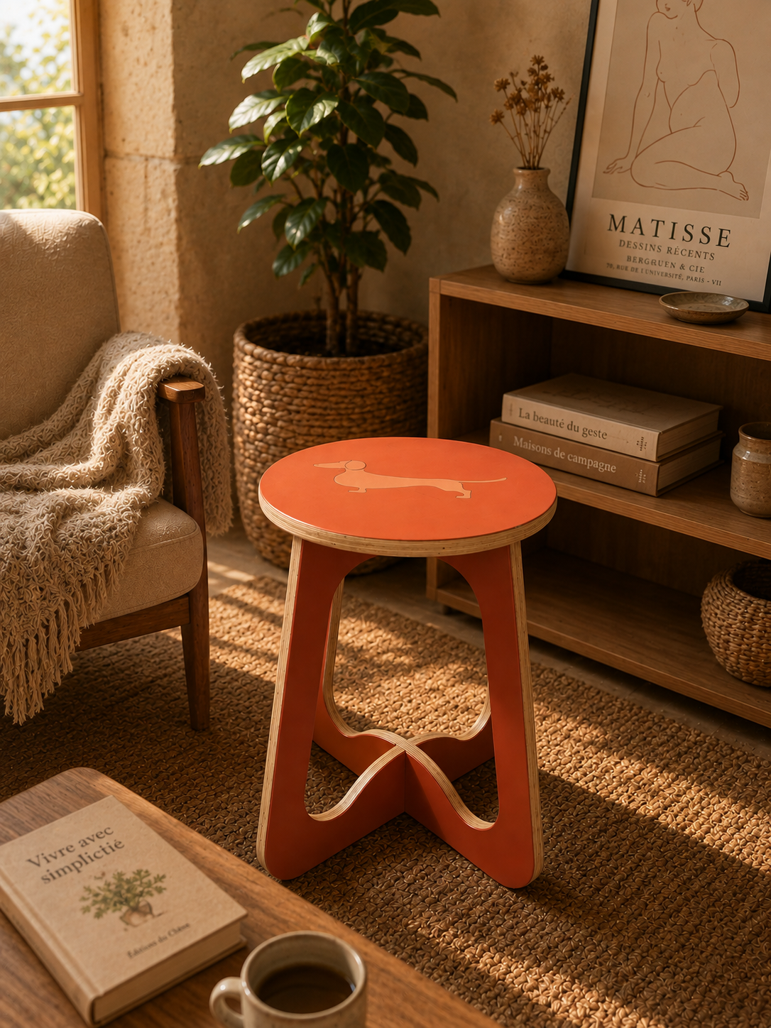 Tabouret, gueridon "teckel" en contreplaqué bouleau et avec revêtement en linoléum sur assise et piétement. Produit fabriqué par Hey Ben !, atelier d'ébénisterie à Loix sur l'île de ré