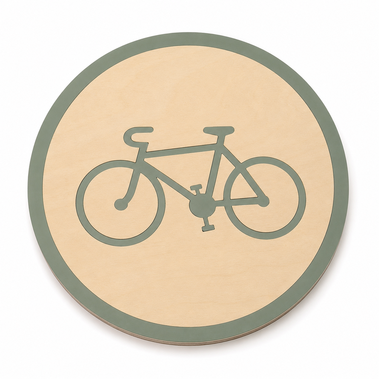 Assise en bois et linoléum motif velo vert sauge sur fond beige. Produit fabriqué par Hey Ben !, atelier d'ébénisterie à Loix sur l'île de ré